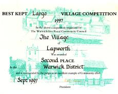 Lapworth Awards_0008 Certificate for Second Place awarded to Lapworth in Best Kept Village Competition 1997