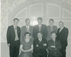 Bellringers Bellringers' Dinner ?1960s. Back row L-R: Glyn Priest, Frank Johnson, Malcolm Jelfs, Russell Kyte, Sid Tarplee. Front row L-R: Helen Dunn, Darwin Kyte, ? Jelfs